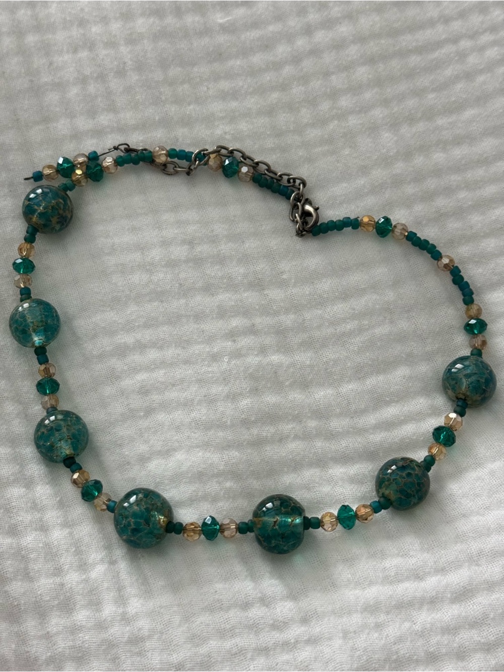 Teal Beaded Necklace with Glass and Gold Accent Beads